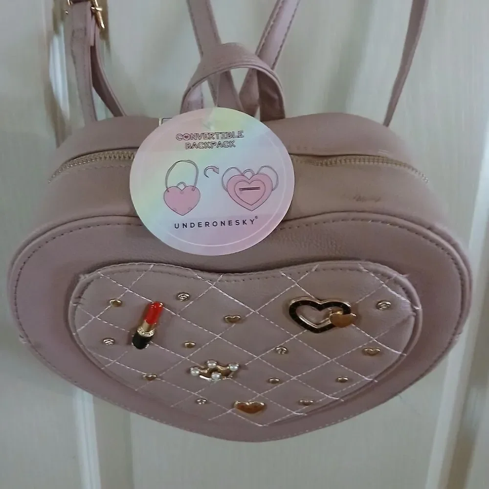 NWT Under One Sky Pink Heart-Shaped Quilted Convertible Backpack Coquette Barbie
